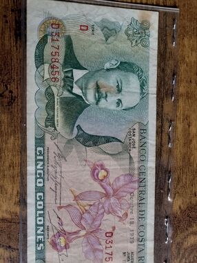 Vintage Costa Rica Cinco Colones Banknote - Green & Pink